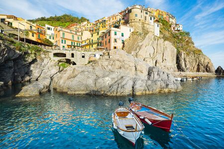 Manarola, Italy - iconic landmark village in Cinque Terre national park in Italy, Ligury, nearby Spezia city.の写真素材