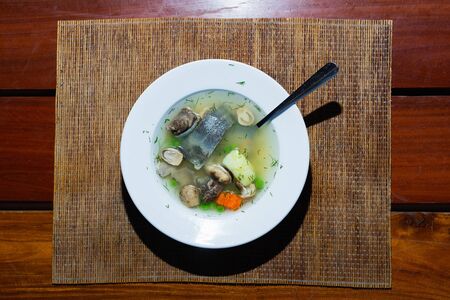 Turtle soup with vegetable on wooden table. Selective focus.の写真素材