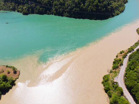 The confluence of Chorokh and Adjaristskhali rivers in Adjara, Georgia. Aerial view.の写真素材