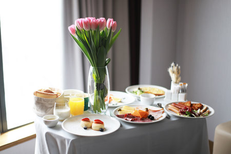 Breakfast cart with tulips, room service. Travel breakfast. Holiday morning. Birthday morning. Hotel accommodationの写真素材