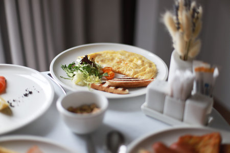 Omelet for breakfast in a hotel room. Keto diet. Proper nutrition. Breakfast in the room. Breakfast on the tripの写真素材