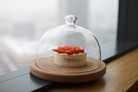Red velvet bento cake, Strawberry small cake. Cake under a glass dome. birthday card