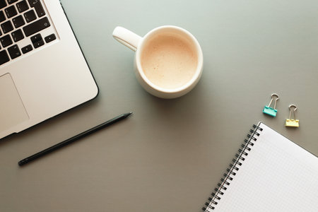 Flat lay mockup desktop with notebookの写真素材
