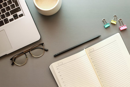 Flat lay diary on desktopの写真素材