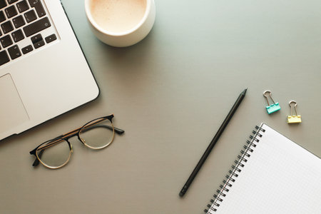 flat lay top view freelancer desktopの写真素材