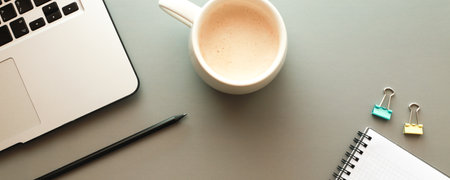 Banner Flat lay mockup desktop with notebookの写真素材