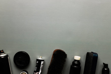 Flat lay Shoe wax, brush. Shoe care. Cleaning men's shoesの写真素材