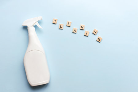 Flat lay cleaner word cleaning from wooden letters. clean upの写真素材