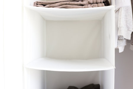 Hanging shelf in the closet. Children is wardrobe with things. Empty closet. movingの写真素材