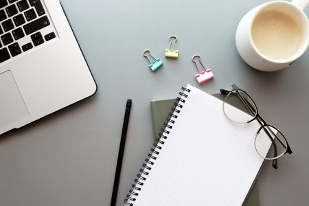 Flatly freelancer desktop. good morning freelancer. laptop with coffee. Mockup diary, working morningの写真素材
