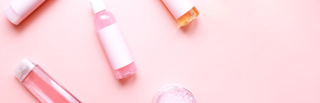 Banner Flat lay spa on a pink background. Cosmetics mockup on pink backgroundの写真素材