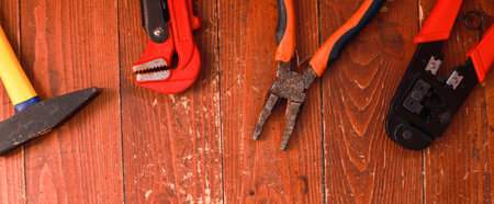 Banner Flatly Building tools on a wooden background. construction and repair. father's day. Builders Dayの写真素材