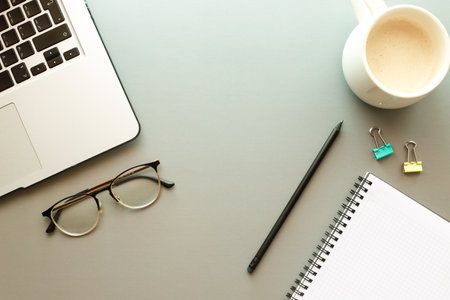 Flat lay desktop. Freelance. Distant work. education. Mockup diaryの写真素材