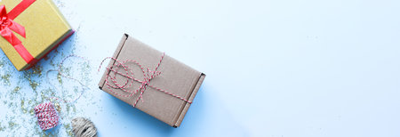 Banner Flat lay Christmas gifts. Gifts and gift ribbons.の写真素材