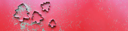 Banner Flay lay molds for cookies in the shape of Christmas trees on a red background with sparklesの写真素材