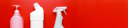 Banner cleaning tool mockup. Flat lay Cleaning sprayの写真素材