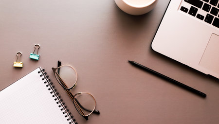 Banner Flat lay desktop on a gray background. Business, education, freelanceの写真素材
