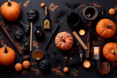 Flat lay halloween on black background. Pumpkins, witch, halloween attributes. Generative AIの素材