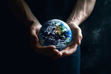 earth holding in human hands. Earth day. Ecology. energy saving concept. Generative AIの素材