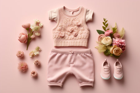 Flat lay baby girl clothes with flowers on pink background. Generative AIの素材