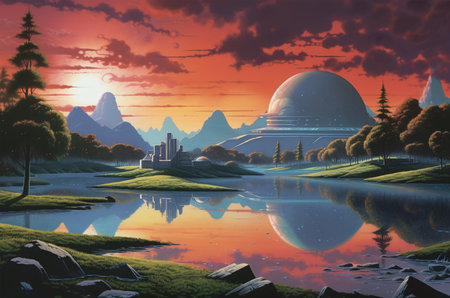 Futuristic landscape 1980s style. digital landscape cyber surface. 80s party background. Reflection in the water. Generative AIの素材