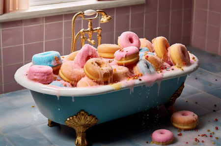 3d bath with donuts. Bathroom with tub full of donuts. Generative AIの素材
