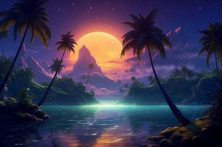 Night on the beach at moonlight with palm trees. Futuristic landscape 1980s style. digital landscape cyber surface. 80s party background. Reflection in the water. Generative AIの素材