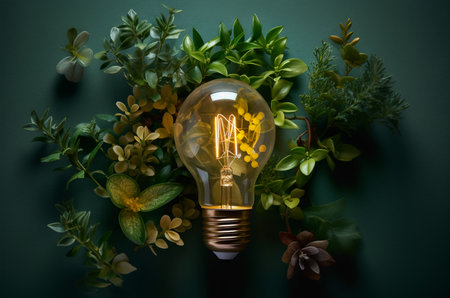 Light bulb with plants inside. Ecology concept. Renewable energy. Generative AIの素材
