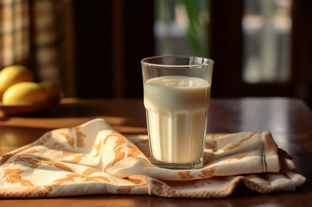A glass of milk on a towel in the kitchen. Milk in the village. Generative AIの素材