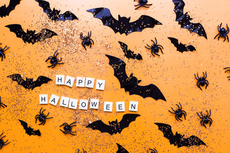 Lettering happy halloween. Flatly bats. Hslowween event, glitter