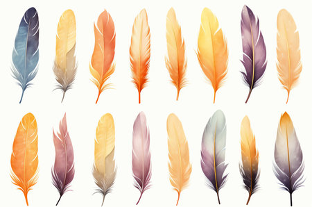 Boho set of watercolor bird feathers. Generative AIの素材