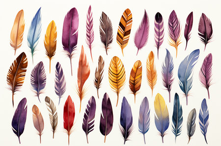 Large set of watercolor bird feathers. Generative AIの素材