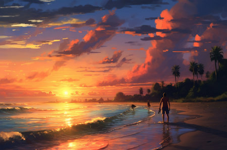 3d Sunset on the beach. Ret Sun reflection in water. silhouette of people at sunset. Generative AIの素材