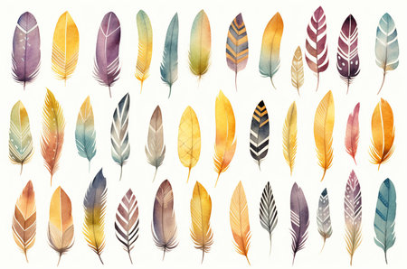 Large set of watercolor bird feathers, boho style. Generative AIの素材