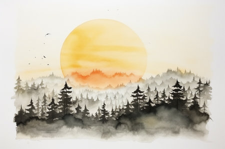 Watercolor mountains, sunrise and forest. Generative AIの素材
