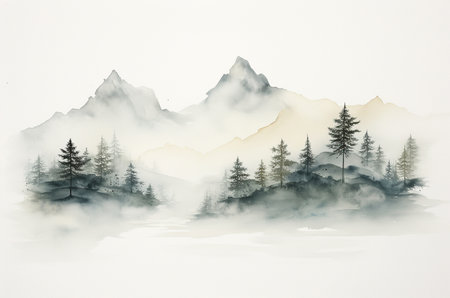 watercolor mountain and forest. Generative AIの素材