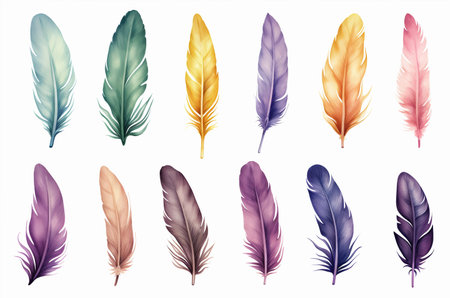 Set of bird feathers, watercolor illustration. Generative AIの素材
