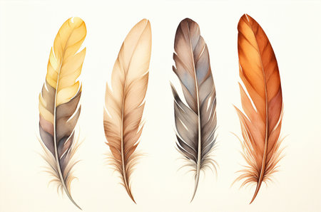 Set of boho bird feathers, watercolor illustration. Generative AIの素材