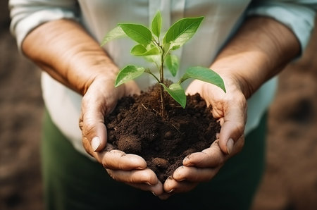 A woman transplants a plant. Land work. Ecology. Generative AIの素材