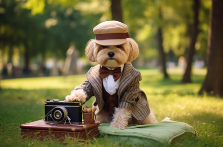 dog photographer. International Day of the Photographer. dog with a camera. Generative AIの素材