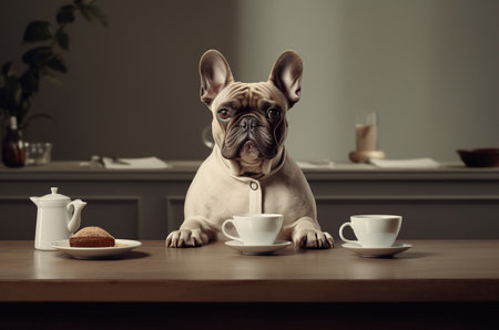 The dog drinks coffee at the table in the kitchen. Serious dog having breakfast. Generative AIの素材