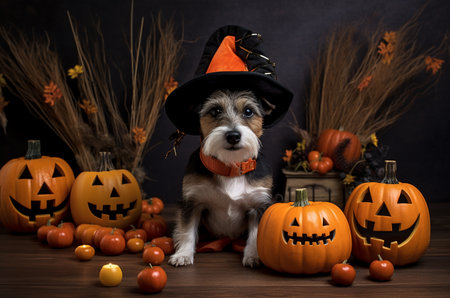 Dog in a halloween costume. A dog in a witch's hat. Generative AIの素材