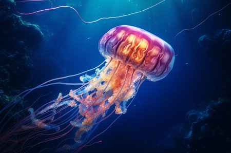 Glowing jellyfish in the ocean. sea inhabitants. Generative AIの素材