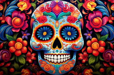 Day of the Dead background, mexican holiday. skull and flowers. Generative AIの素材