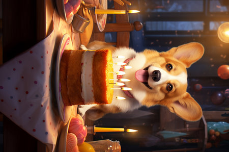Corgi sits at a table with a cake and candles. dog birthday. Generative AIの素材