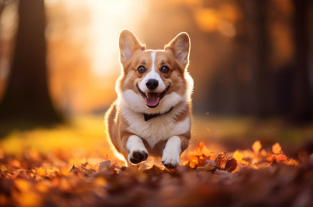 The dog walks in the autumn forest. dog in yellow leaves. Generative AIの素材