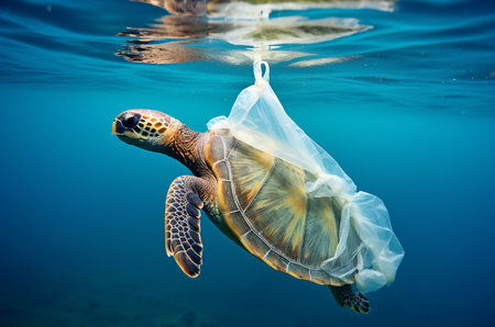The turtle got tangled in a plastic bag in the ocean. The problem of environmental pollution. Generative AIの素材