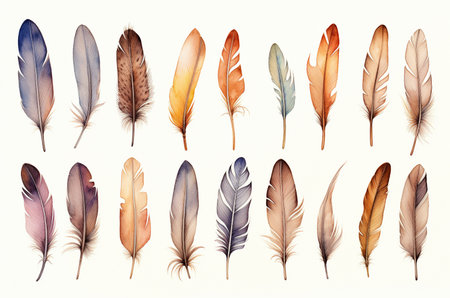 Big Set of colorful boho feathers. watercolor feathers. Generative AIの素材