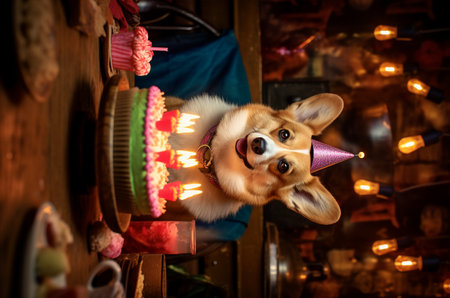 Corgi sits at a table with a cake and candles. Corgi dog in a cap. dog birthday. Generative AIの素材
