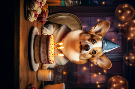 Corgi with birthday cake and candles. Dog has a birthday. Generative AIの素材